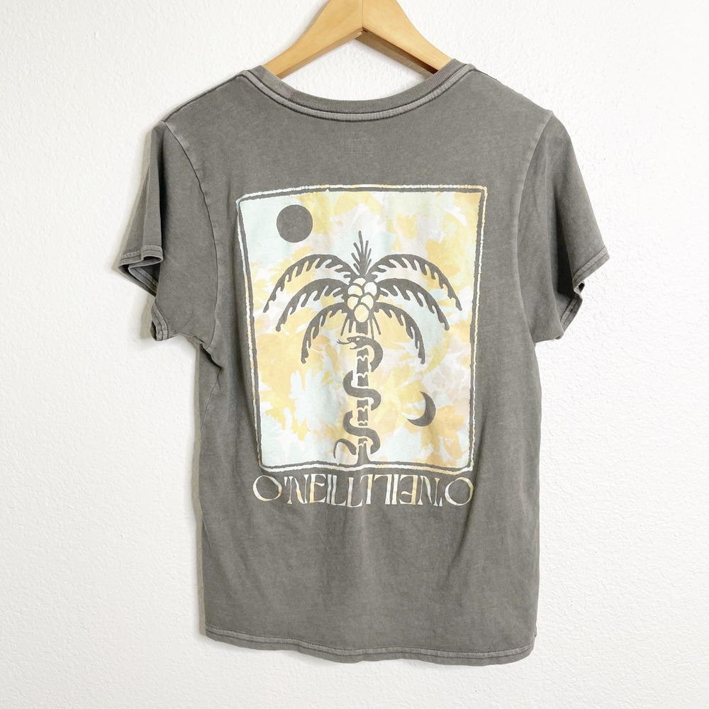 ONeill Womens Charcoal Gray Mineral Wash Palm Tree Snake Graphic T-Shirt Size M